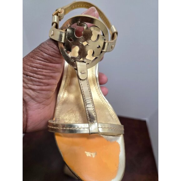 Tory Burch Gold Metallic Espadrille Block Pump Sandals W/ Logo Accent Size 8 - Picture 11 of 11